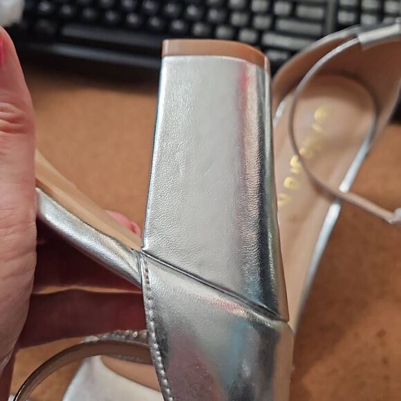 Allegra K Sandals Block Heels Solid Rhinestone Ankle Strap Sandals Silver 9 - Picture 3 of 5